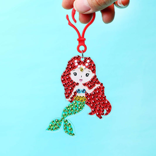 Red and green diamond art cat keychain charm with metal ring and hook
