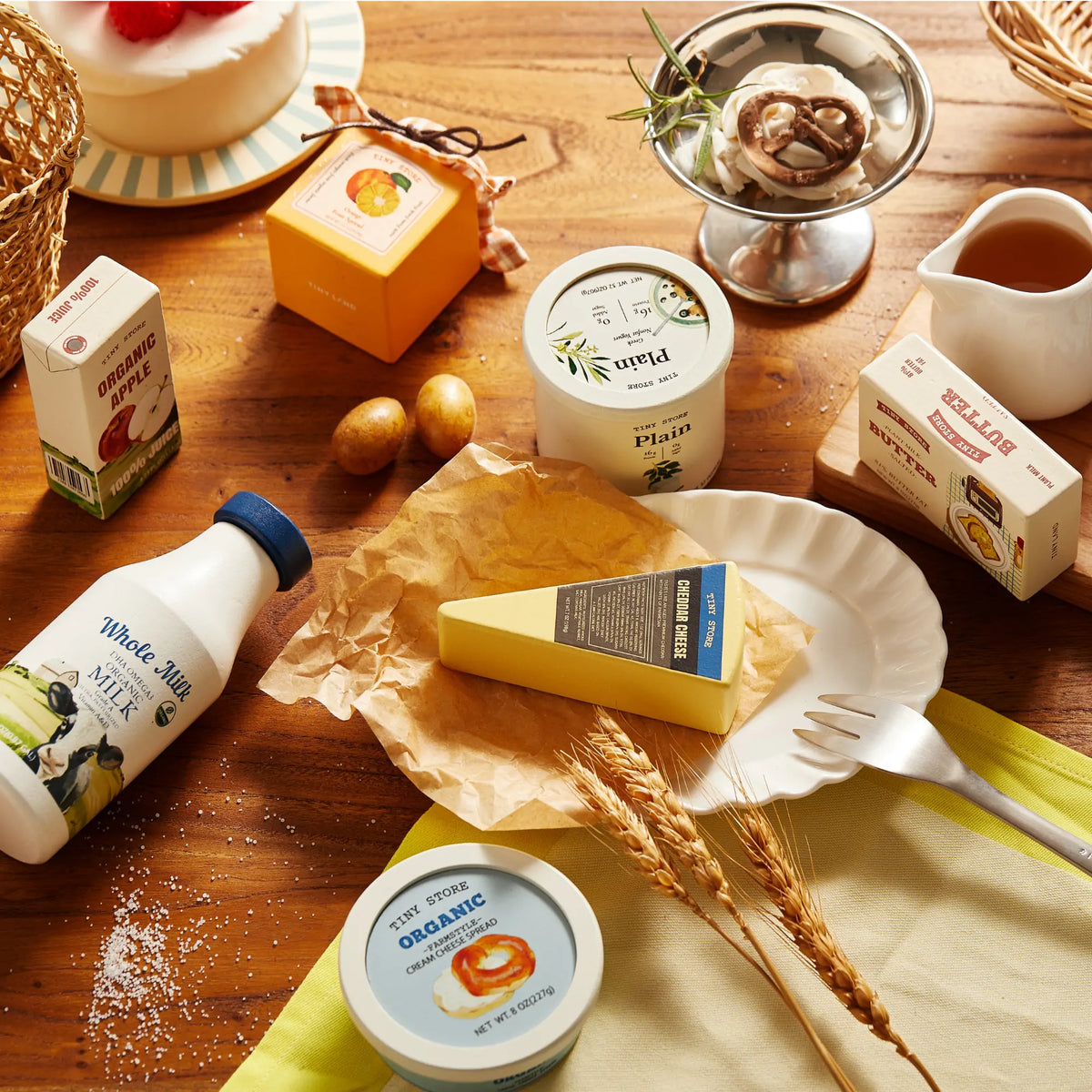 Tiny Land Wooden Dairy Play Food Set - 7-Piece Toy Grocery Pack