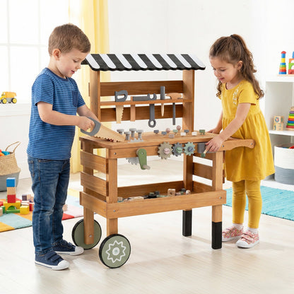 Kids 2-in-1 Rolling Workbench & Play Tool Set | Tool Rack, Work Surface & Storage Shelf | Ages 3+ | Brown