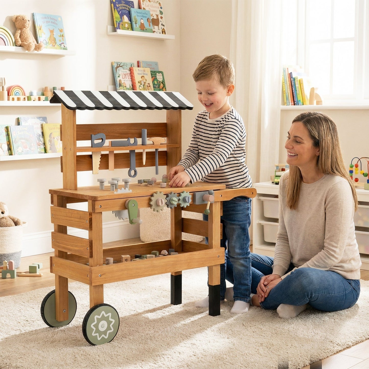 Kids 2-in-1 Rolling Workbench & Play Tool Set | Tool Rack, Work Surface & Storage Shelf | Ages 3+ | Brown