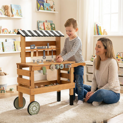 Kids 2-in-1 Rolling Workbench & Play Tool Set | Tool Rack, Work Surface & Storage Shelf | Ages 3+ | Brown