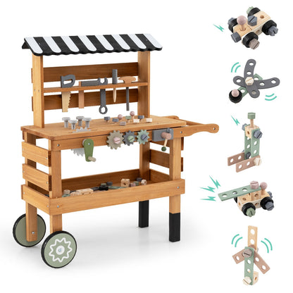 Kids 2-in-1 Rolling Workbench & Play Tool Set | Tool Rack, Work Surface & Storage Shelf | Ages 3+ | Brown