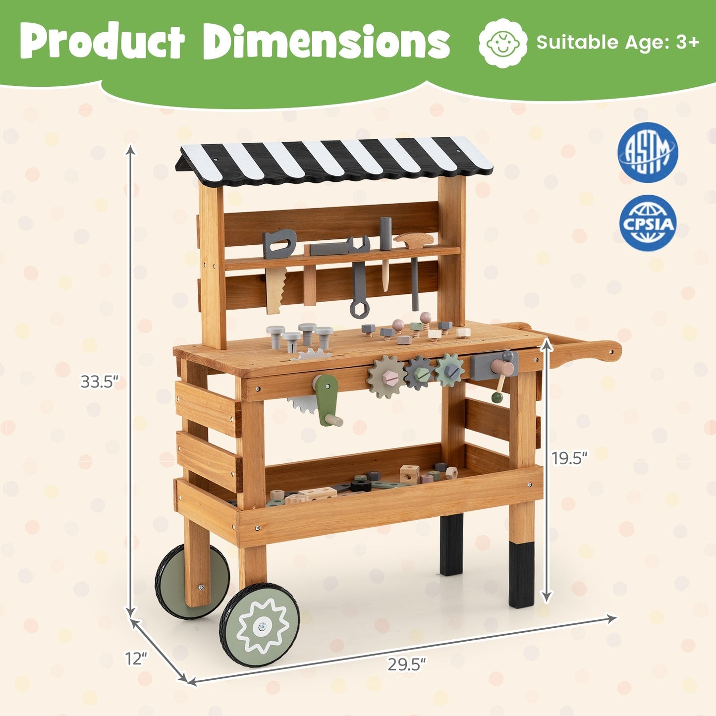 Kids 2-in-1 Rolling Workbench & Play Tool Set | Tool Rack, Work Surface & Storage Shelf | Ages 3+ | Brown