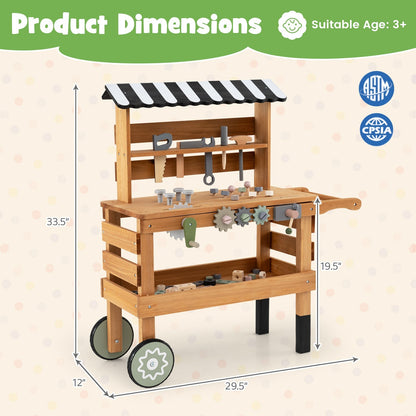 Kids 2-in-1 Rolling Workbench & Play Tool Set | Tool Rack, Work Surface & Storage Shelf | Ages 3+ | Brown