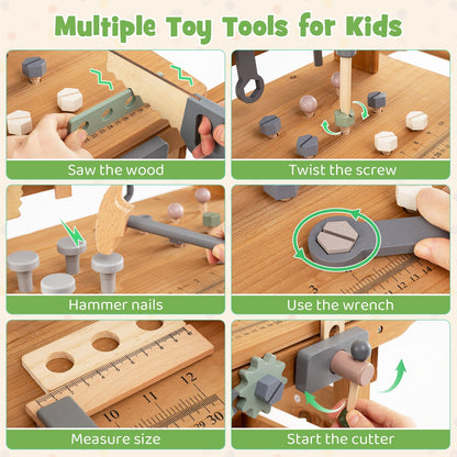 Kids 2-in-1 Rolling Workbench & Play Tool Set | Tool Rack, Work Surface & Storage Shelf | Ages 3+ | Brown