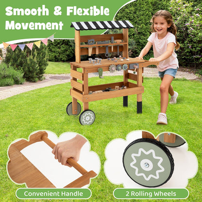 Kids 2-in-1 Rolling Workbench & Play Tool Set | Tool Rack, Work Surface & Storage Shelf | Ages 3+ | Brown
