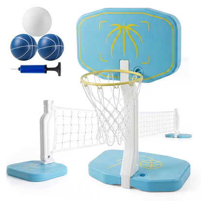 Pool Basketball Hoop & Volleyball Net 2-in-1 Combo | 14" Rim | 25 ft Net | 2 Balls + Pump Included