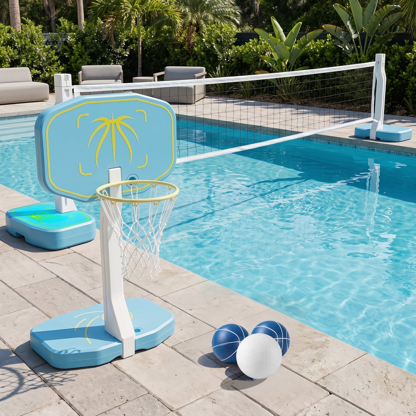 Pool Basketball Hoop & Volleyball Net 2-in-1 Combo | 14" Rim | 25 ft Net | 2 Balls + Pump Included