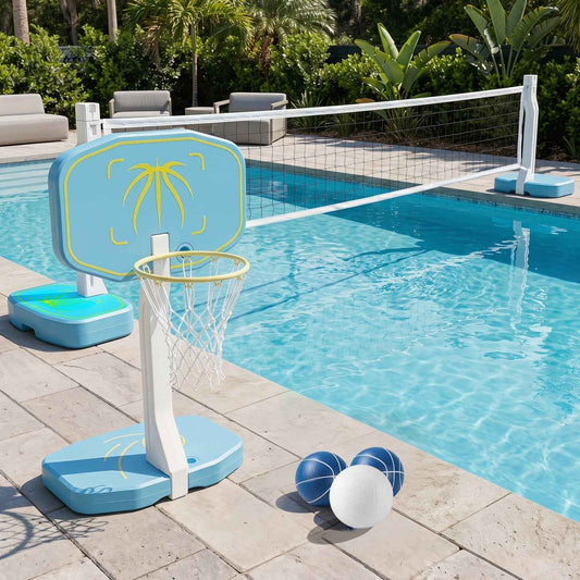 Pool basketball hoop and volleyball net with white frame, blue platforms, and basketballs