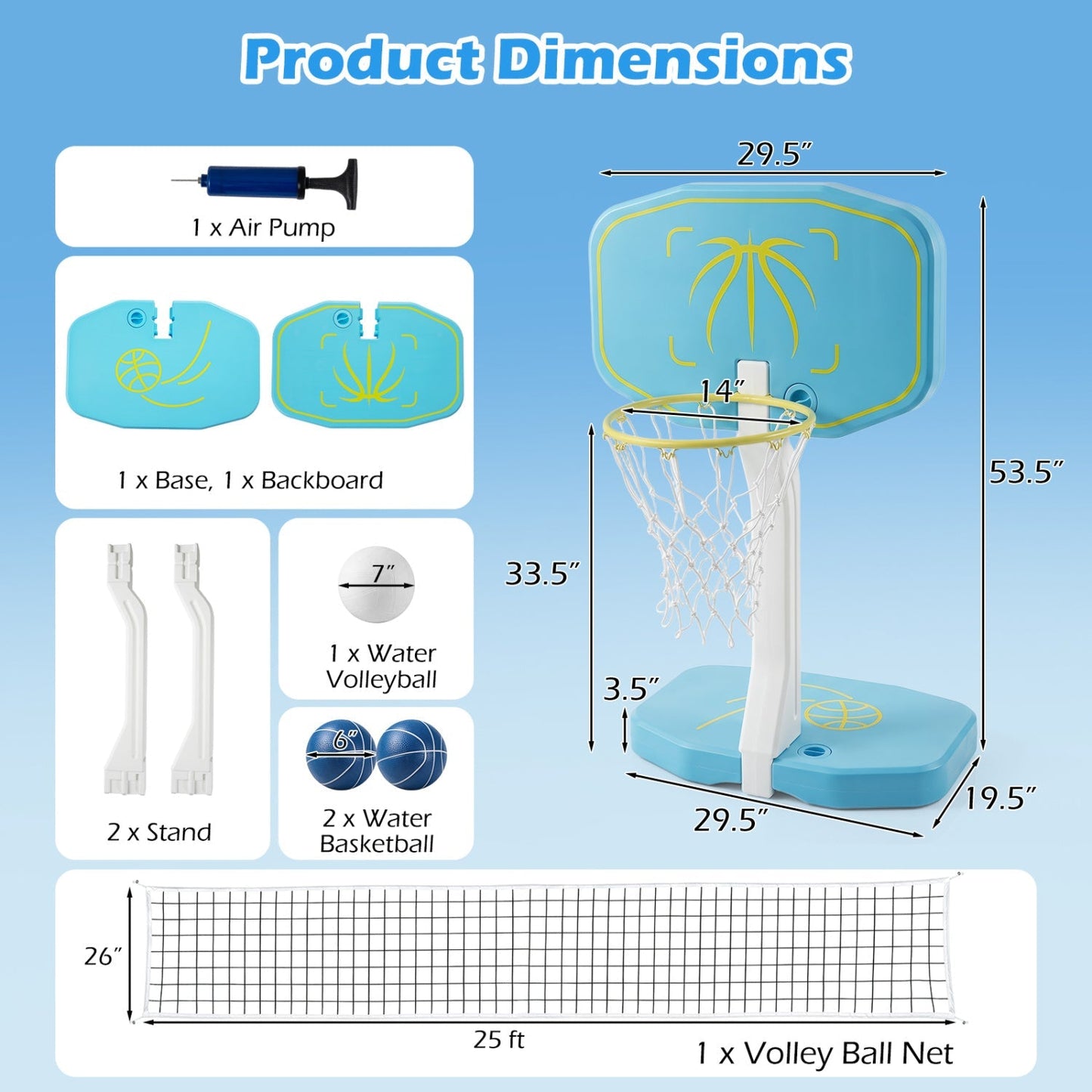 Pool Basketball Hoop & Volleyball Net 2-in-1 Combo | 14" Rim | 25 ft Net | 2 Balls + Pump Included