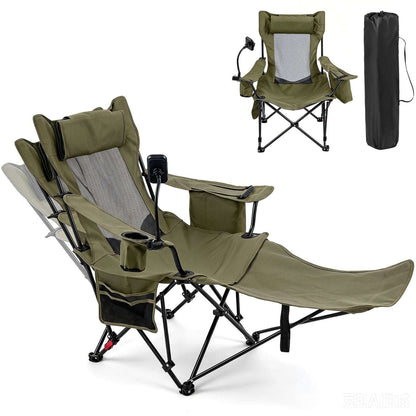 Olive-green reclining camping chair with extended footrest, cup holders, mesh back, and carry bag