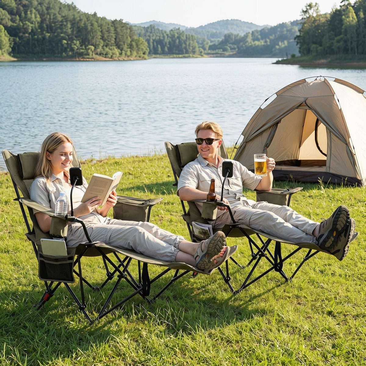 Olive green reclining camping chairs with extended footrests, cup holders and phone stands