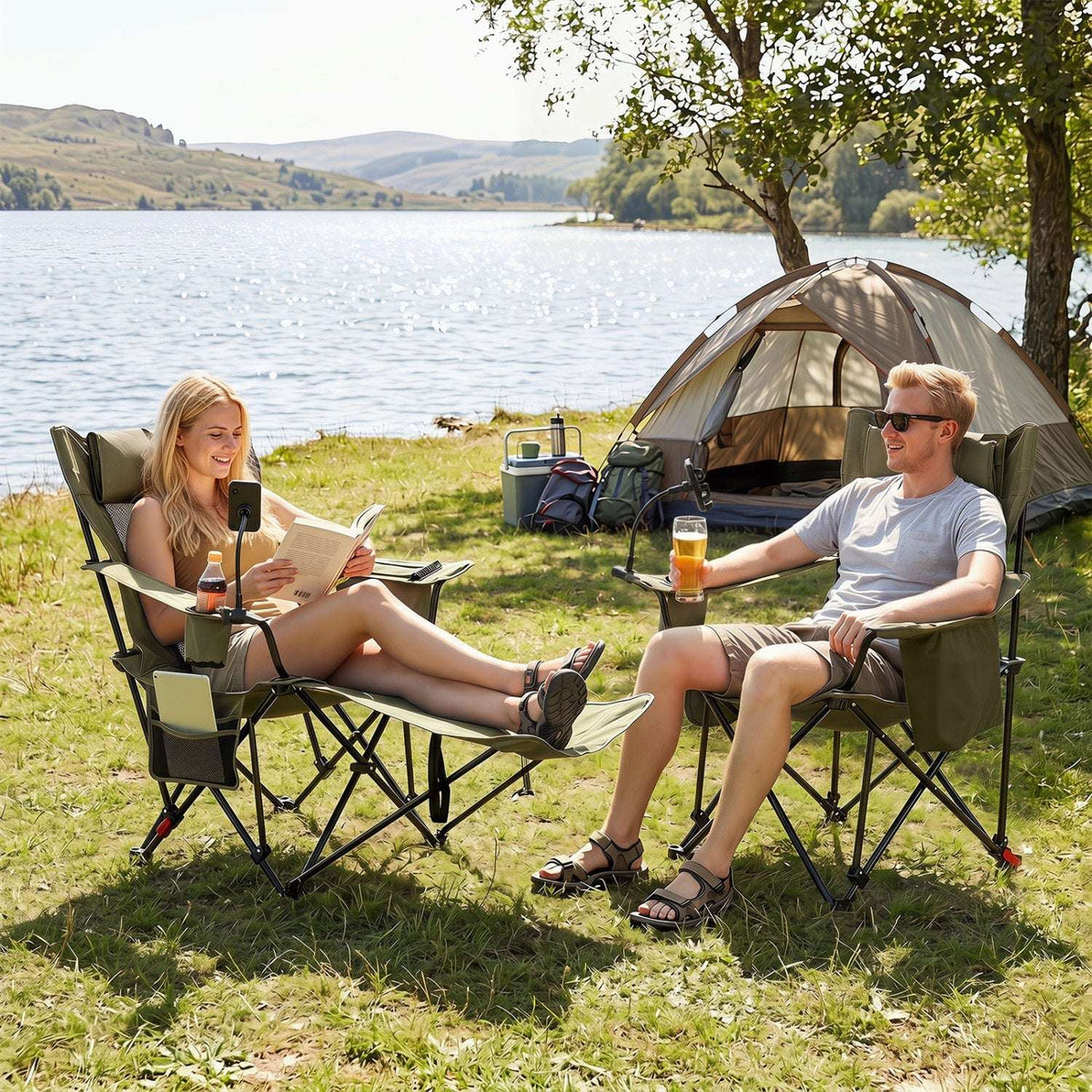 Olive green reclining camping chairs with footrests, cup holders and side pockets