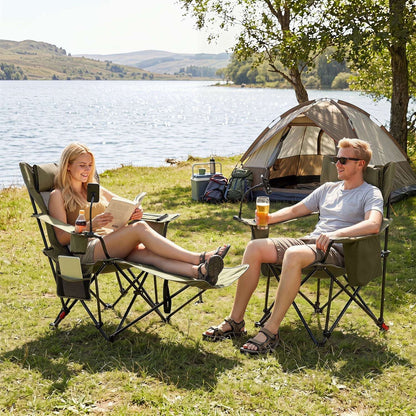 Olive green reclining camping chairs with footrests, cup holders and side pockets