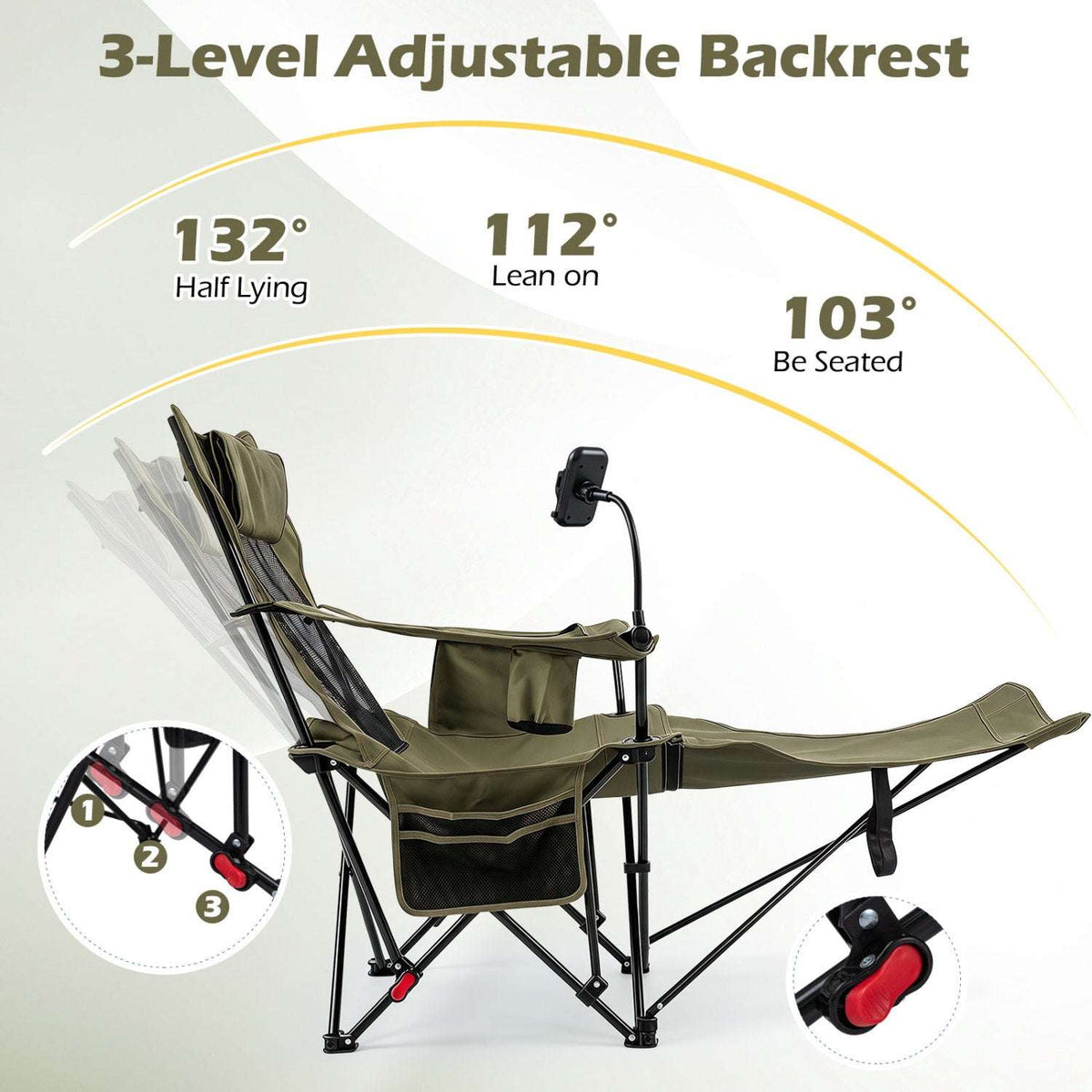 Reclining camping chair with extended footrest and three-position adjustable backrest