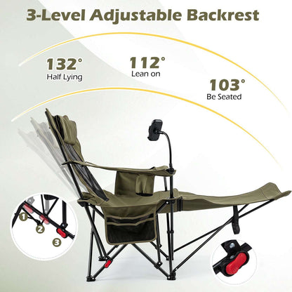 Reclining camping chair with extended footrest and three-position adjustable backrest