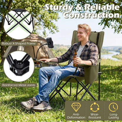 Olive-green reclining camping chair with padded headrest, footrest, and black X-frame