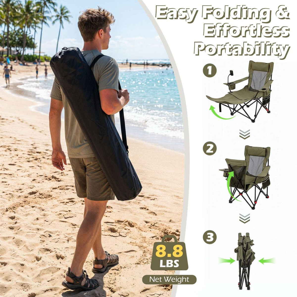 Folding reclining camping chair shown in three steps, with a shoulder carry bag