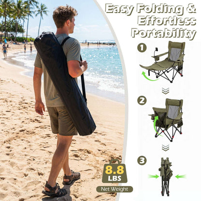 Folding reclining camping chair shown in three steps, with a shoulder carry bag