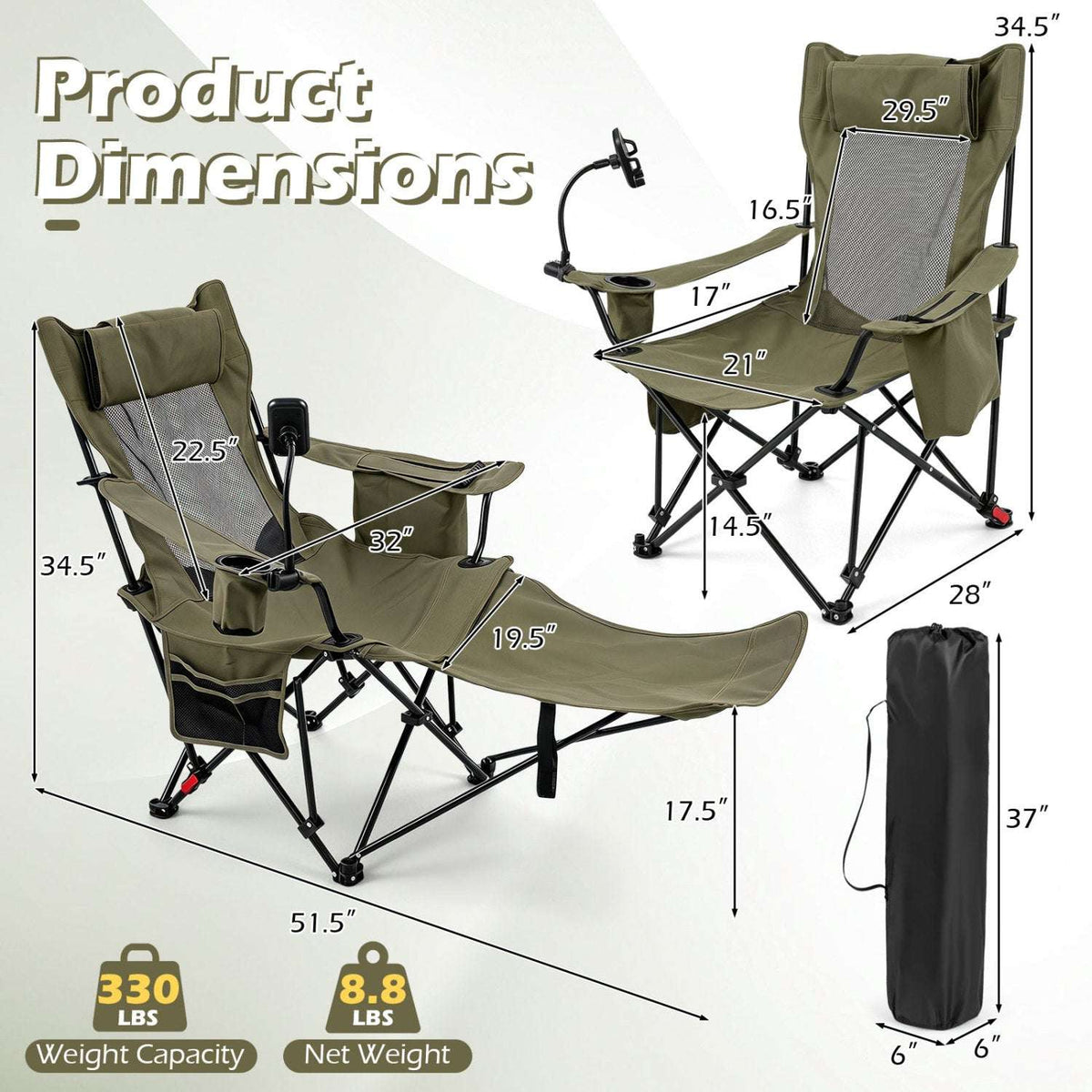 Reclining camping chair shown with dimensions, adjustable backrest, footrest, and carry bag