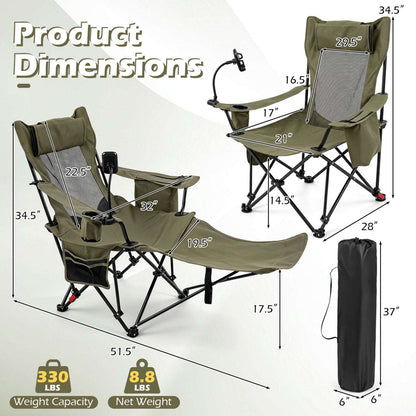 Reclining camping chair shown with dimensions, adjustable backrest, footrest, and carry bag
