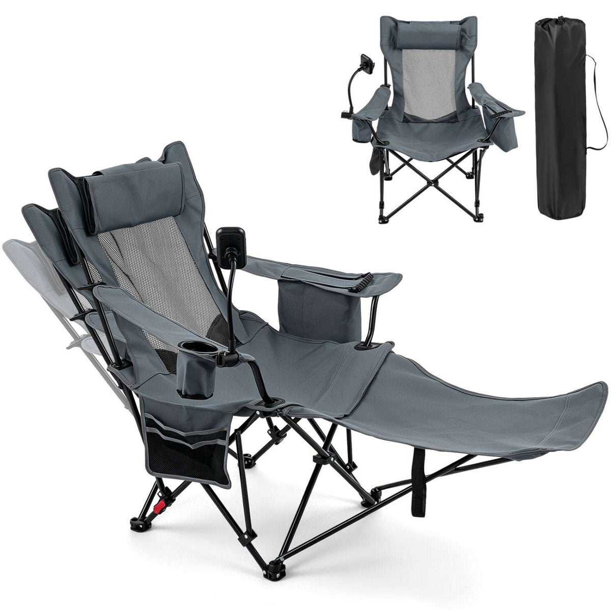 Grey reclining camping chair with extended footrest, mesh back, cup holders and carry bag