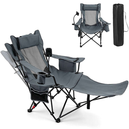 Grey reclining camping chair with extended footrest, mesh back, cup holders and carry bag