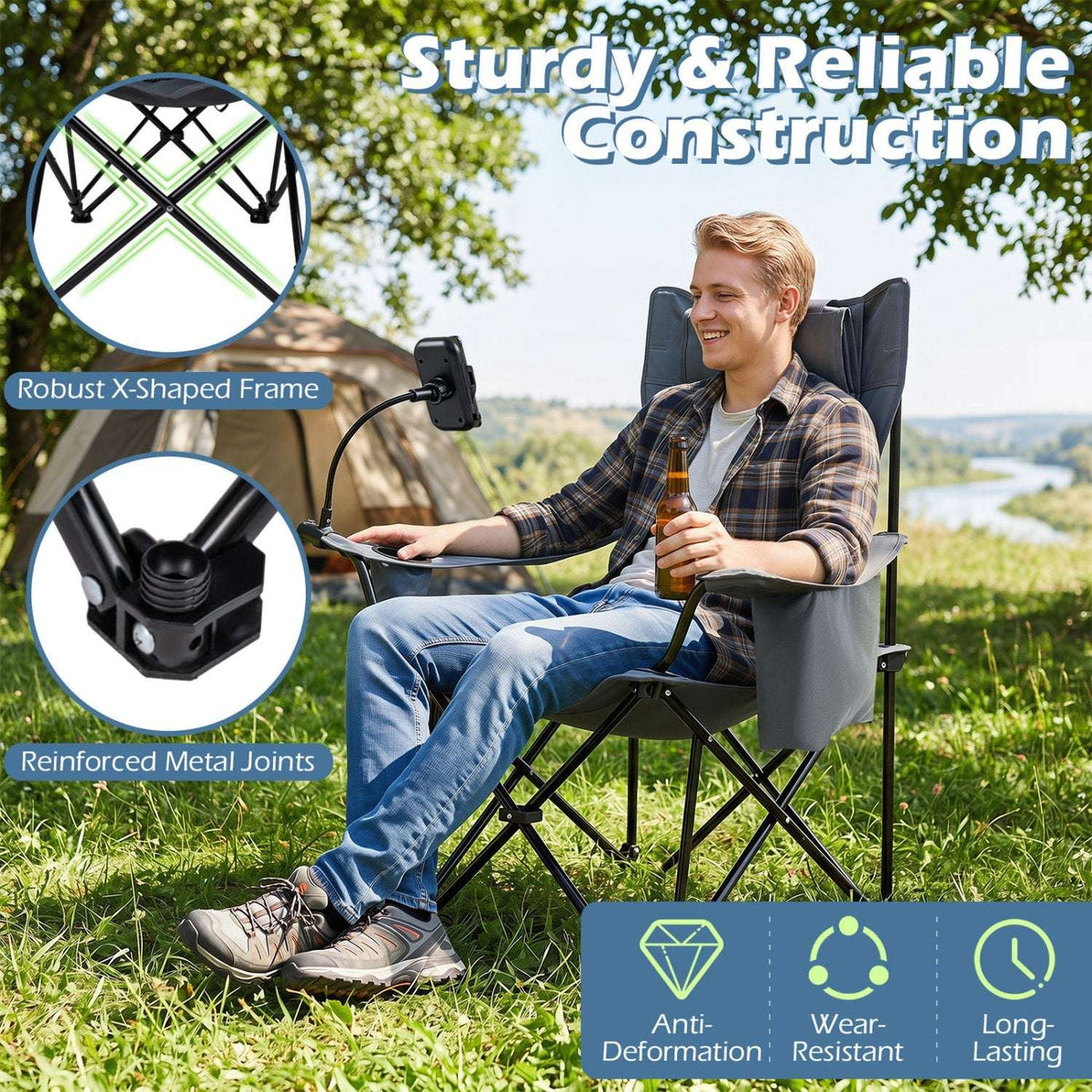 Grey camping chair with adjustable backrest, cup holders and reinforced folding frame