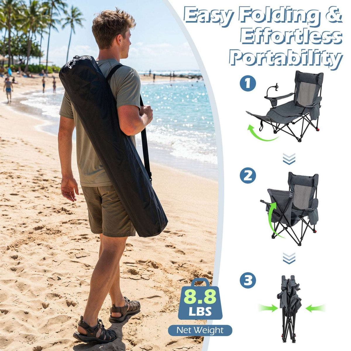 Grey folding camping chair shown collapsing into a portable carry bag