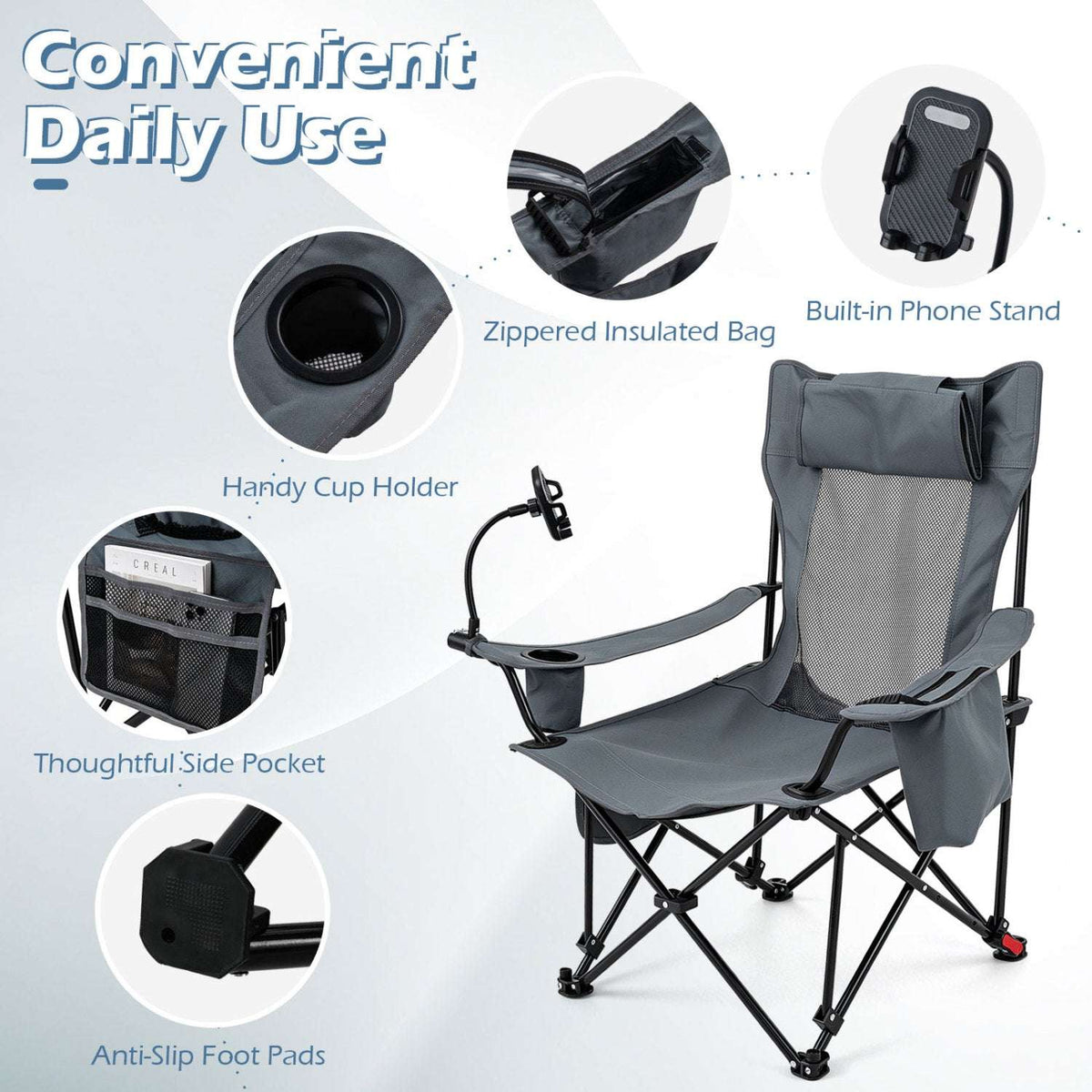 Grey camping chair with phone stand, cup holder, insulated bag and side pocket