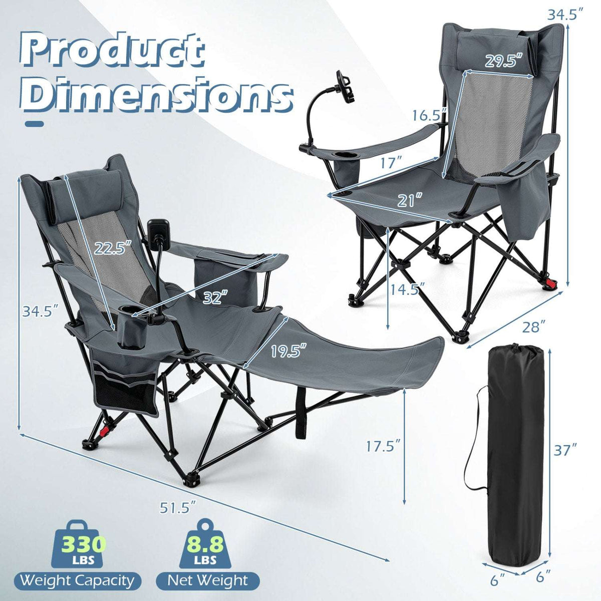 Grey reclining camping chair shown with dimensions, extended footrest and carry bag