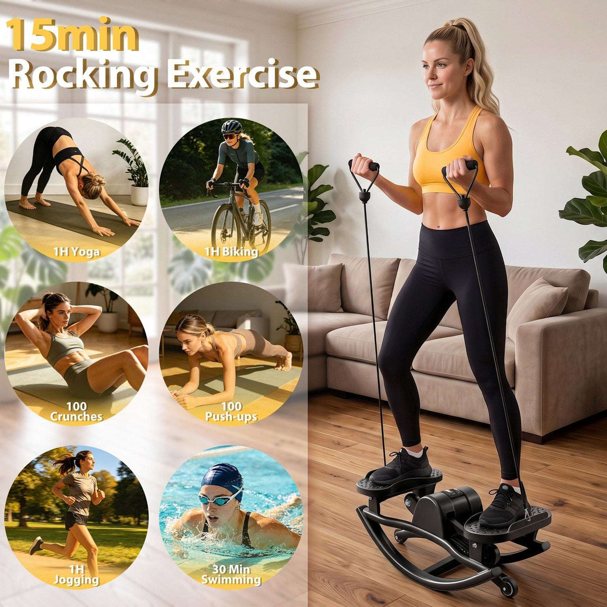 Woman exercising on a black swing stepper while using resistance bands