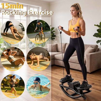 Woman exercising on a black swing stepper while using resistance bands