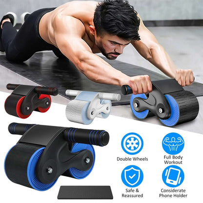 Abdominal rebound wheel with kneel pad, shown with blue and gray wheel versions and red rings