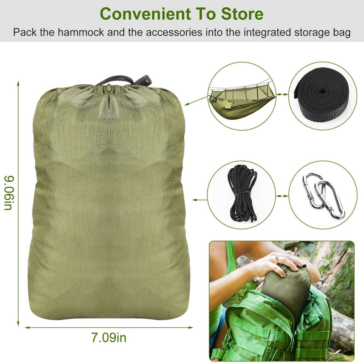 Olive green hammock with integrated storage bag for compact packing