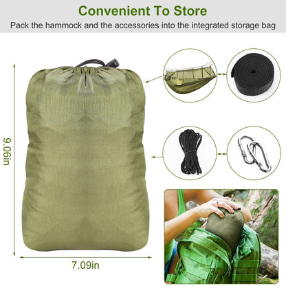 Olive green hammock with integrated storage bag for compact packing