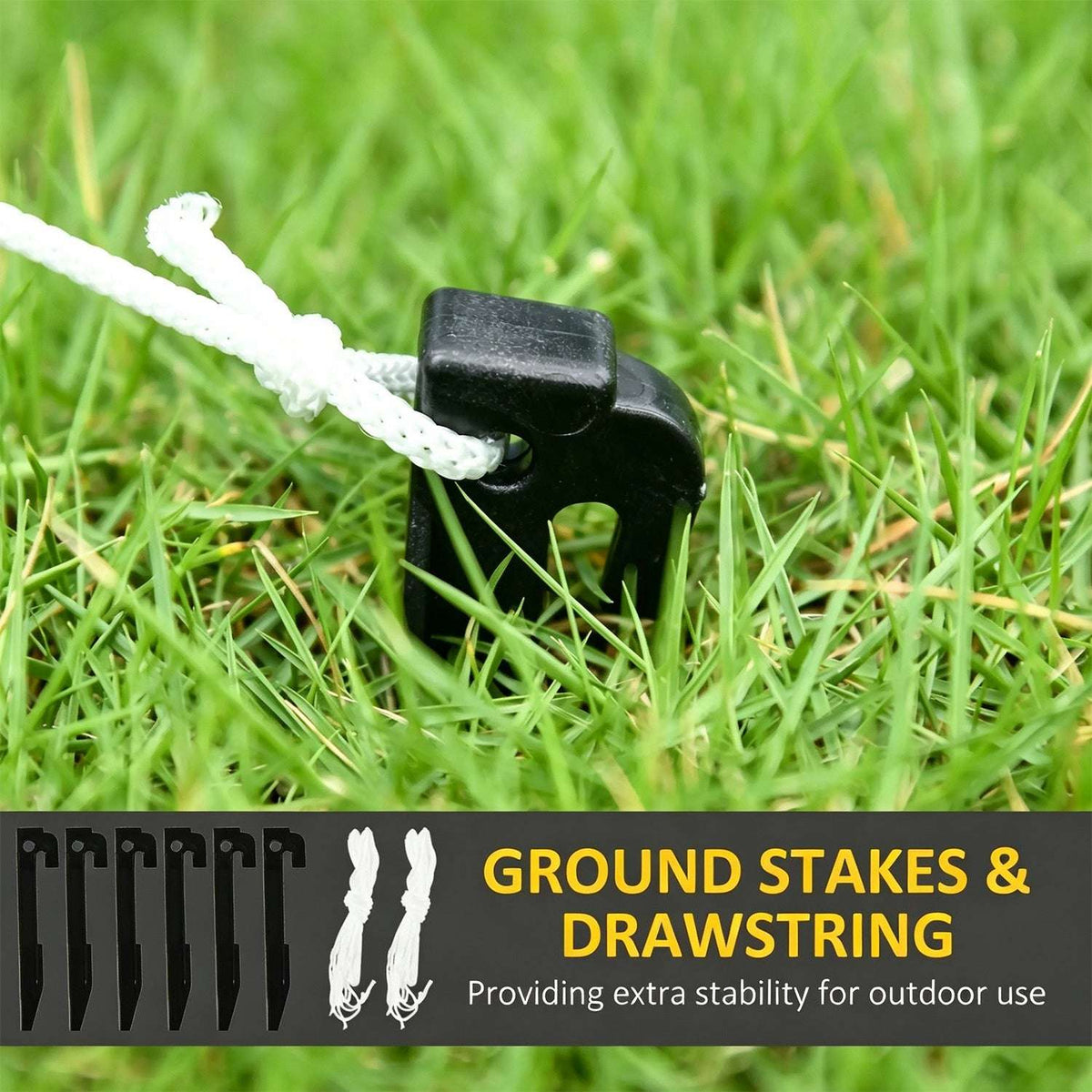 Ground stakes and drawstring for securing the inflatable gingerbread house outdoors