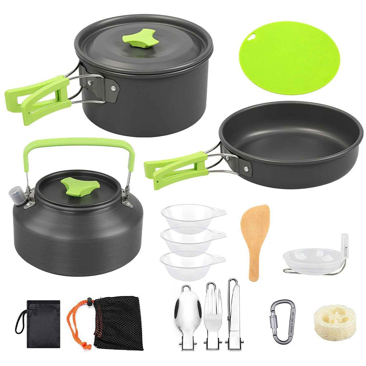 16-Piece Camping Cookware Set – Anodized Aluminum Pot, Pan, Kettle, Utensils, Bowls & Cutting Board | 2 Storage Bags