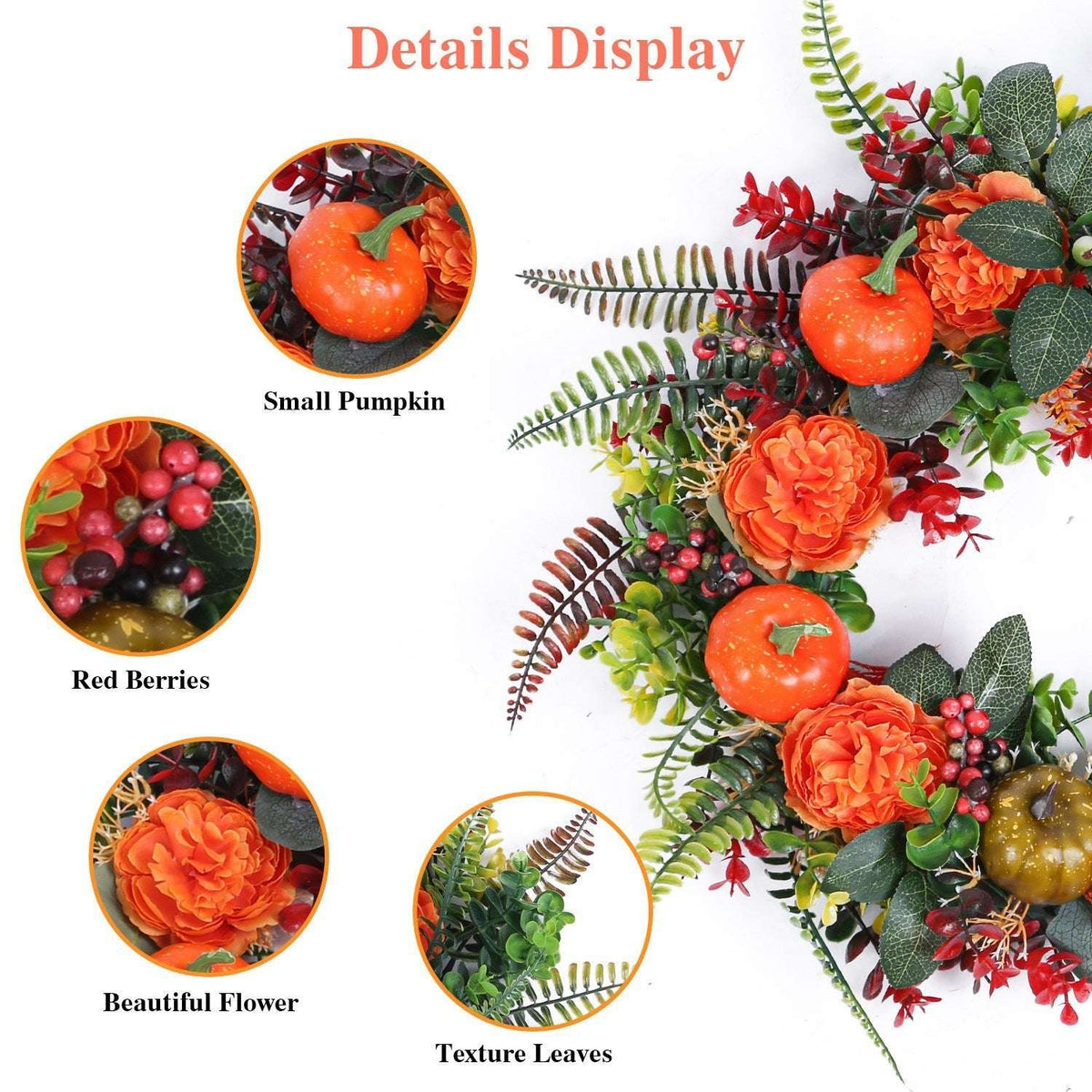 Autumn wreath with small pumpkins, red berries, orange roses, and textured leaves