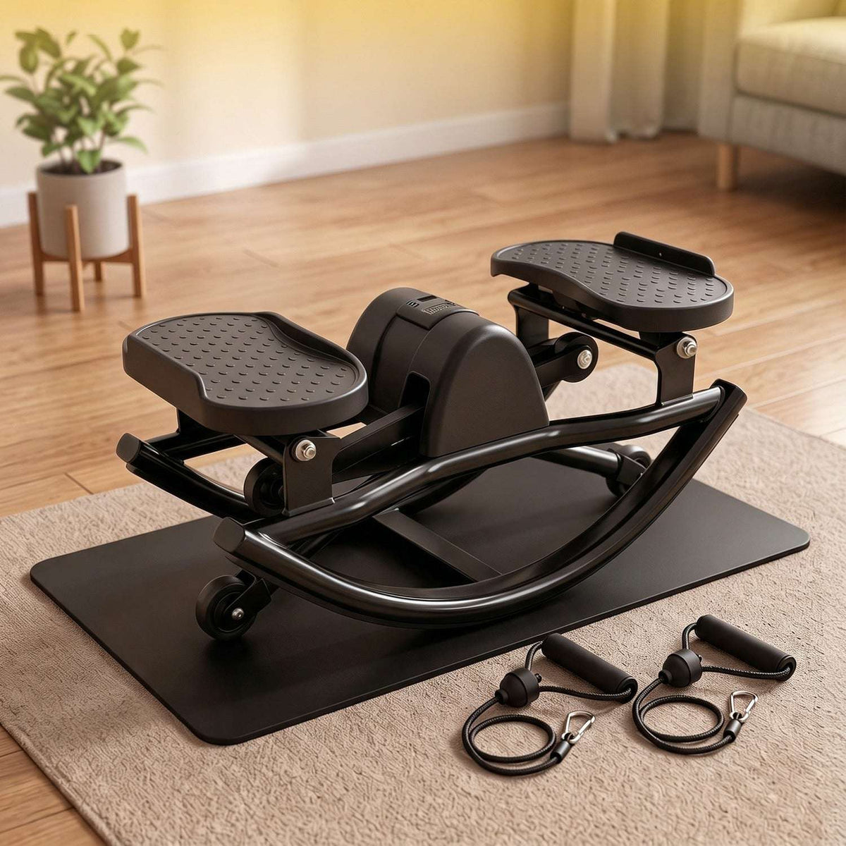 Black swing stepper with textured pedals, resistance bands, and exercise mat