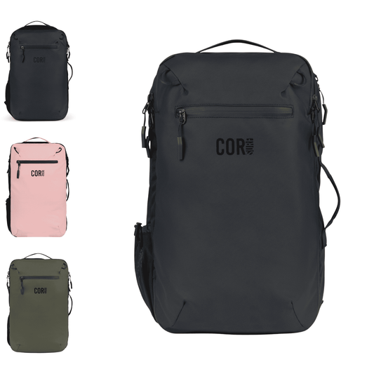 Black travel backpack with top handle, front zip pocket, and side carry straps