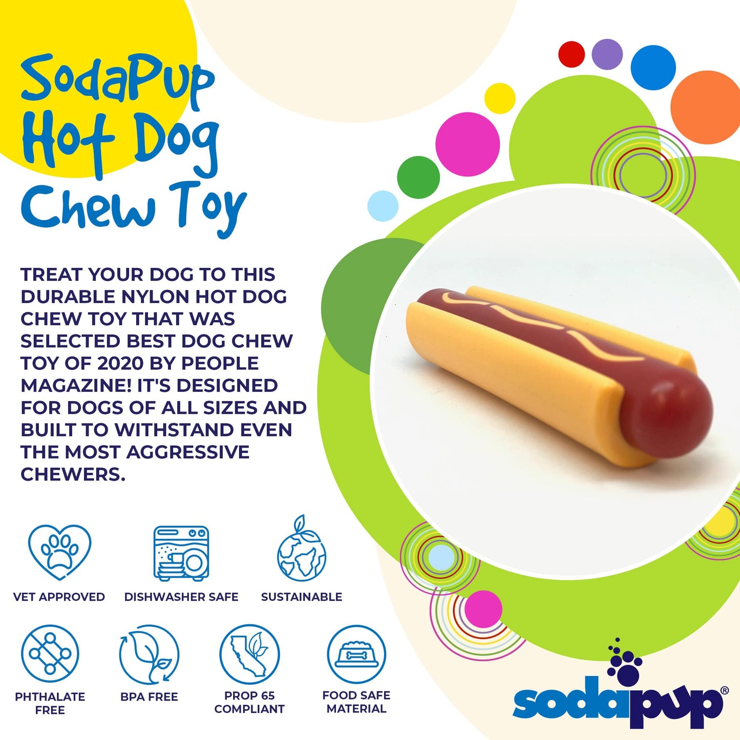 SodaPup Hot Dog Nylon Chew Toy for Aggressive Chewers | USA Made - Niksstuff