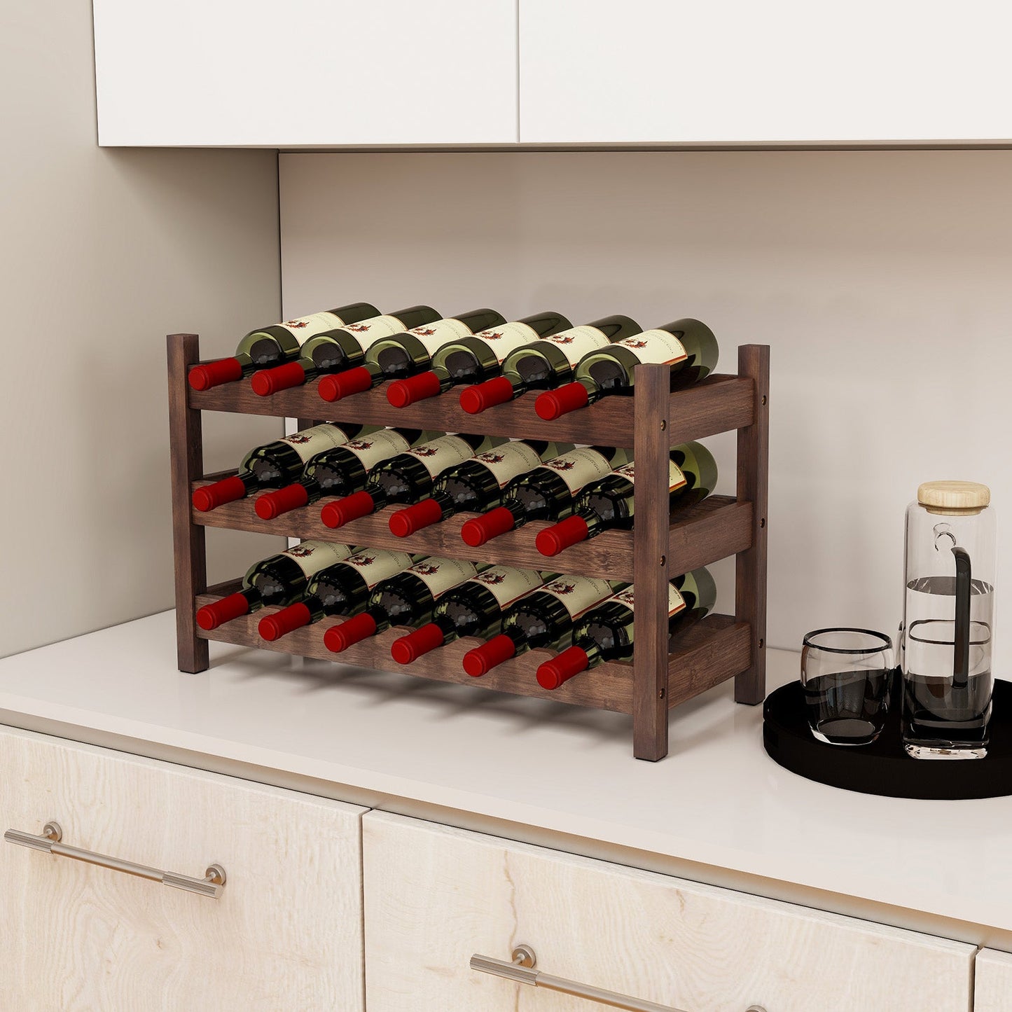 3-Tier Bamboo Wine Bottle Organizer | Holds 18 Bottles | Countertop Freestanding | Natural or Coffee