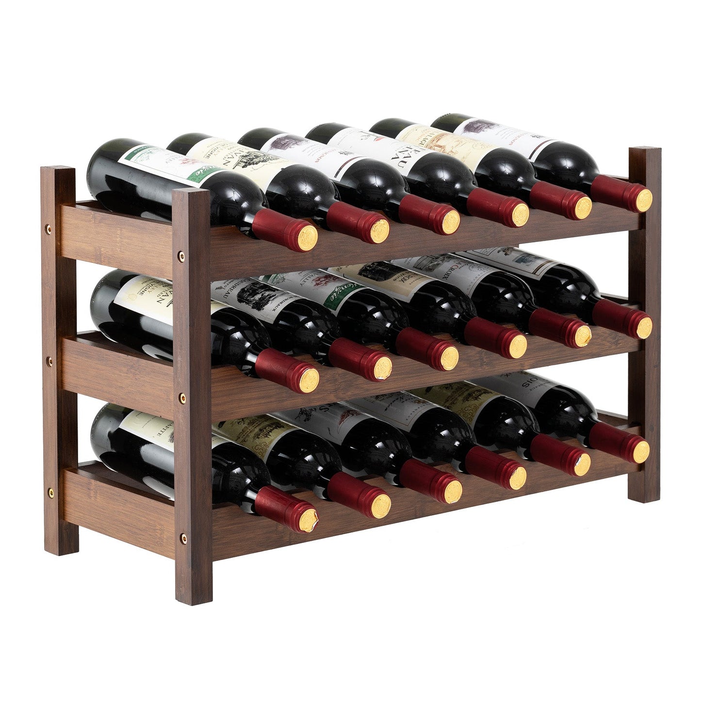 3-Tier Bamboo Wine Bottle Organizer | Holds 18 Bottles | Countertop Freestanding | Natural or Coffee