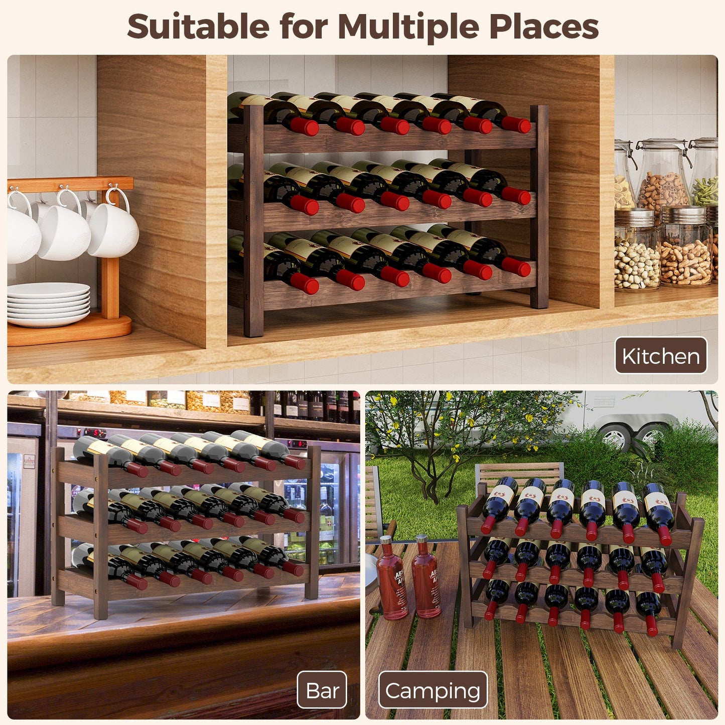 3-Tier Bamboo Wine Bottle Organizer | Holds 18 Bottles | Countertop Freestanding | Natural or Coffee
