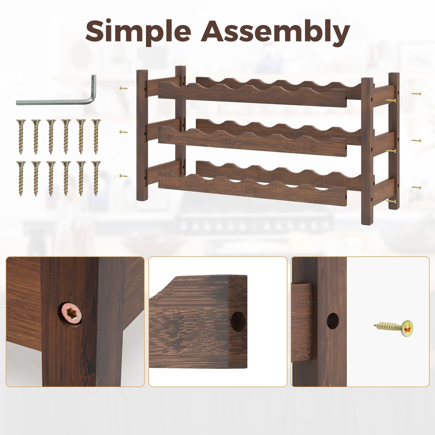 3-Tier Bamboo Wine Bottle Organizer | Holds 18 Bottles | Countertop Freestanding | Natural or Coffee