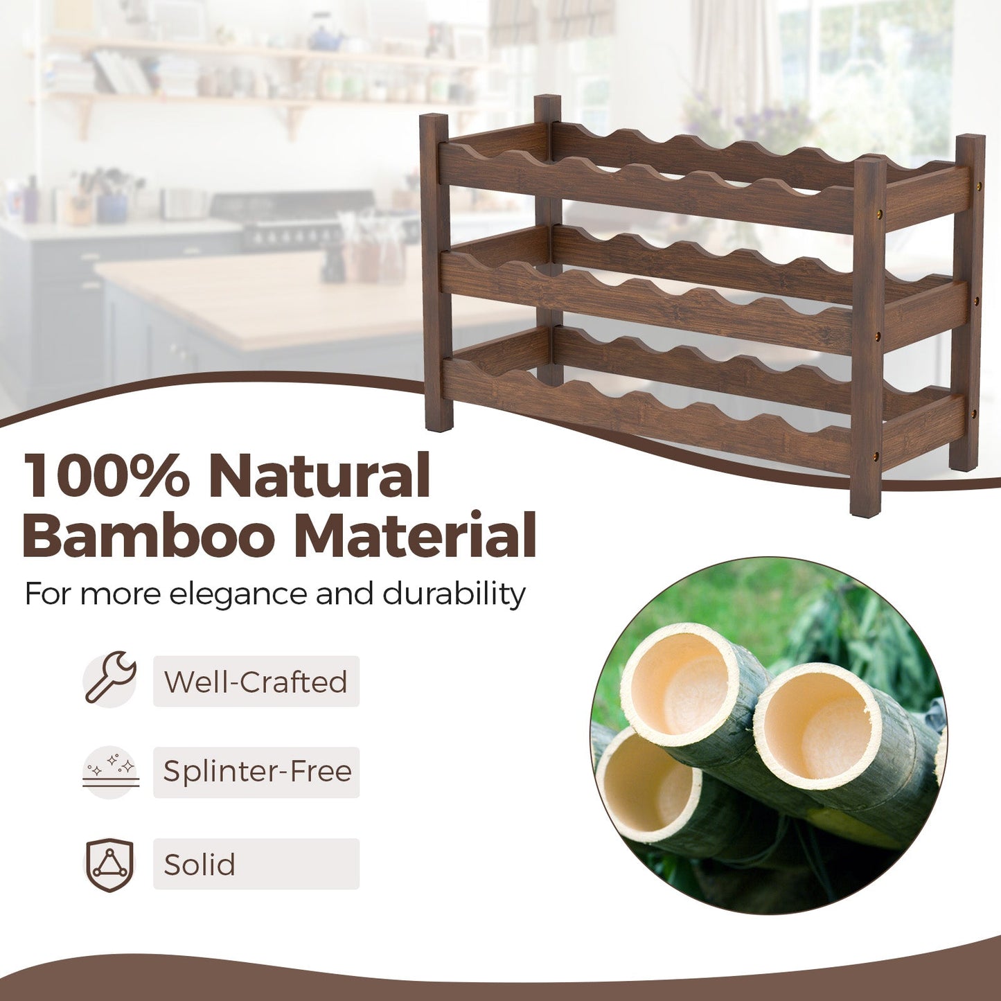 3-Tier Bamboo Wine Bottle Organizer | Holds 18 Bottles | Countertop Freestanding | Natural or Coffee