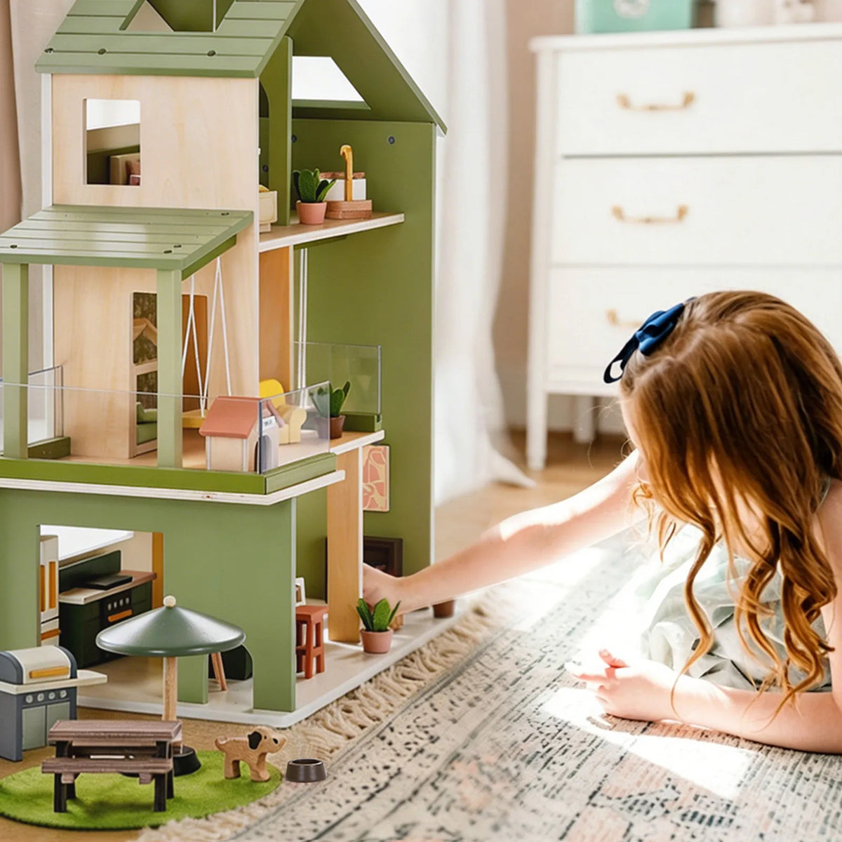 Tiny Land Sweetwood Edge Wooden Dollhouse - 48pc Green & Pink