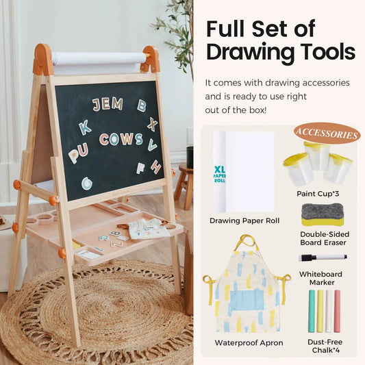 Adjustable kids art easel with chalkboard side, drawing accessories in tray