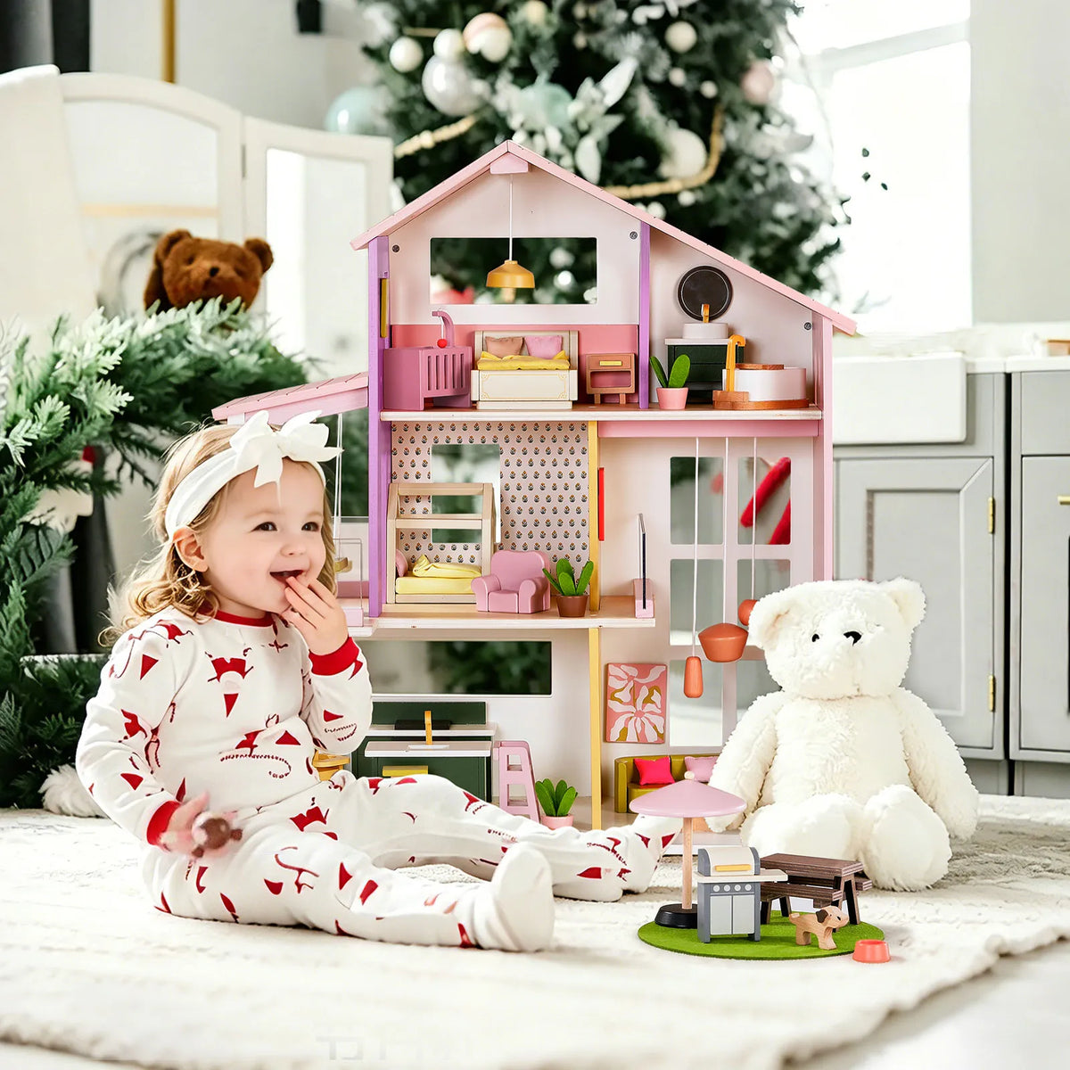 Tiny Land Sweetwood Edge Wooden Dollhouse - 48pc Green & Pink